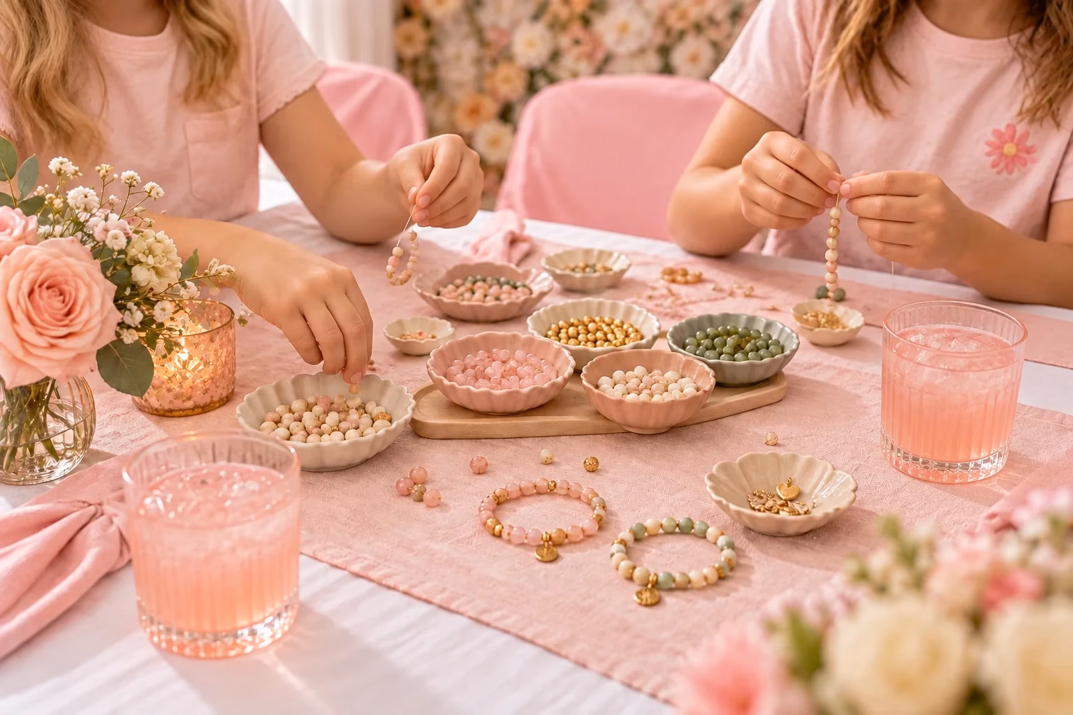Gathering inspiration: two children making blush, cream, and sage beaded bracelets around a table with pink lemonade.