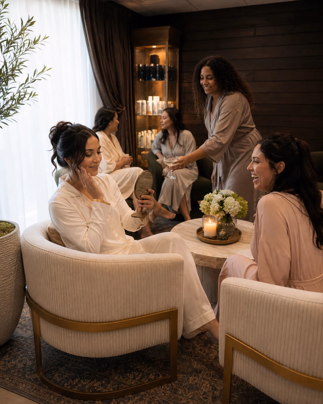 A bride checks her natural makeup in a hand mirror while four friends relax together in the House of Rose spa lounge.