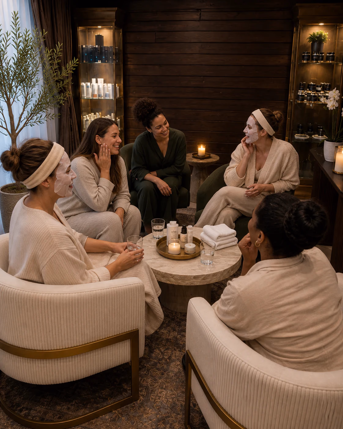 Five friends laugh together over sheet masks and skincare in the House of Rose spa lounge.