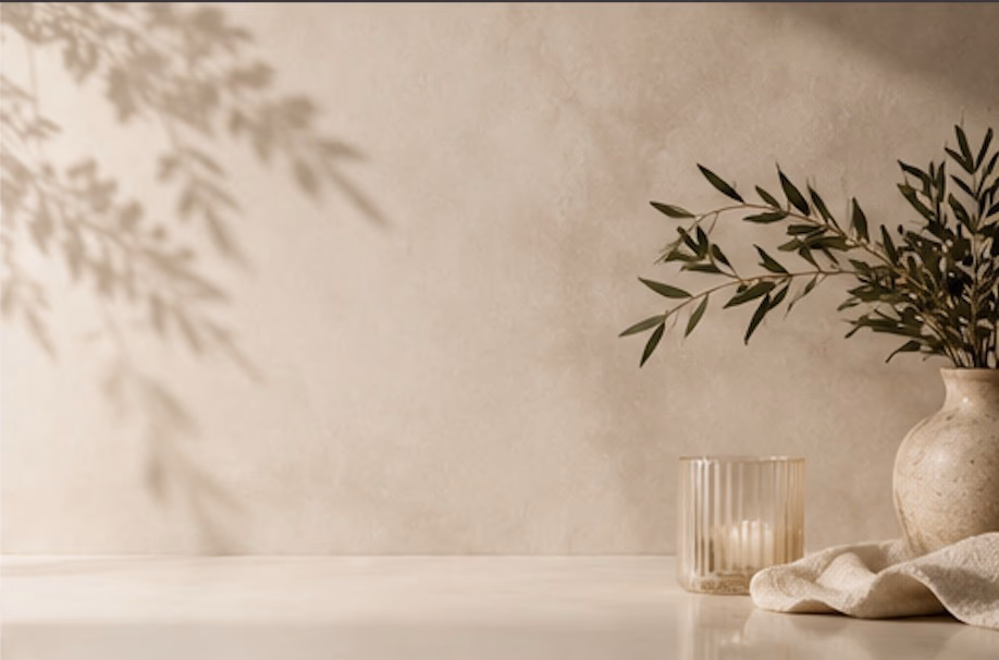 Olive branches and a ribbed glass candle on a pale limestone surface.