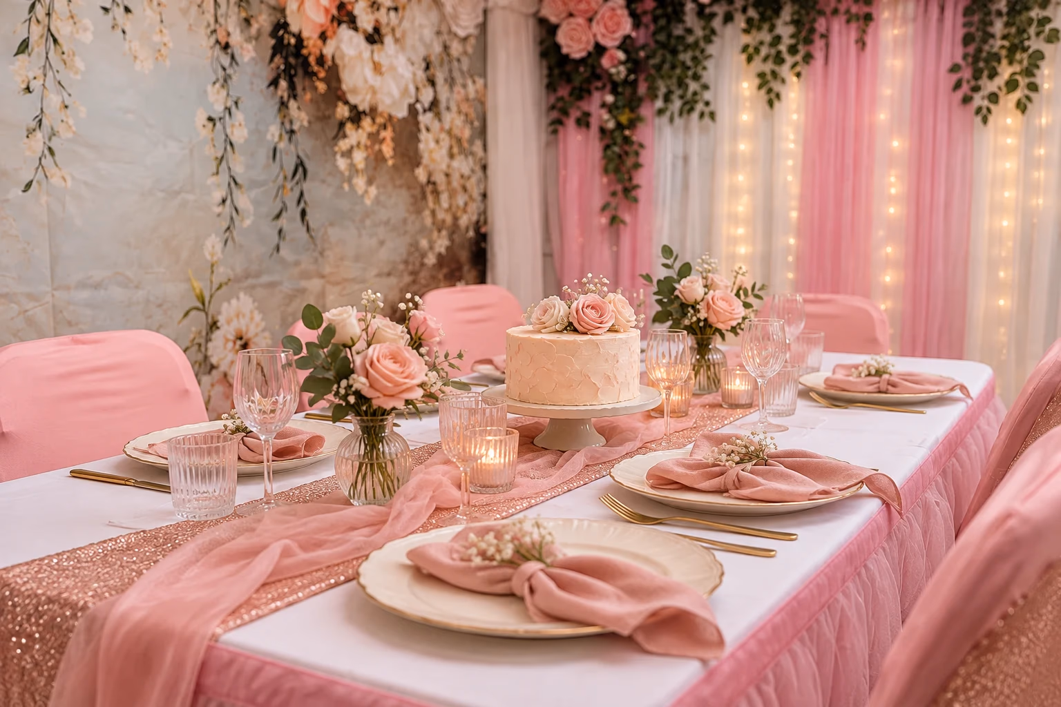 Private celebration inspiration: a small cake, blush roses, and cream place settings at a pink party table.